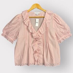 NWT Ann Taylor Weekend Pink Eyelet Ruffle Blouse Size S Cotton Top Cottagecore